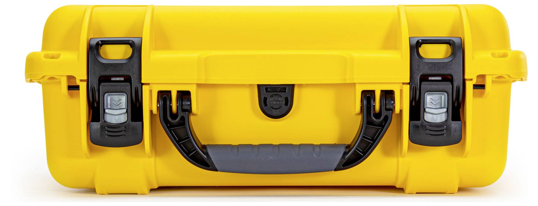 Yellow hard-shell suitcase with two black locks and carry handle, suitable for safely transporting delicate items.