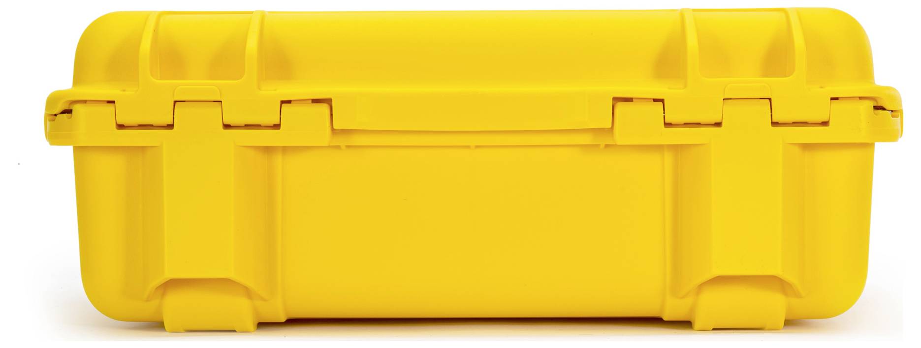 Yellow, rectangular protective case with robust locking mechanism, suitable for the safe transportation of delicate equipment.