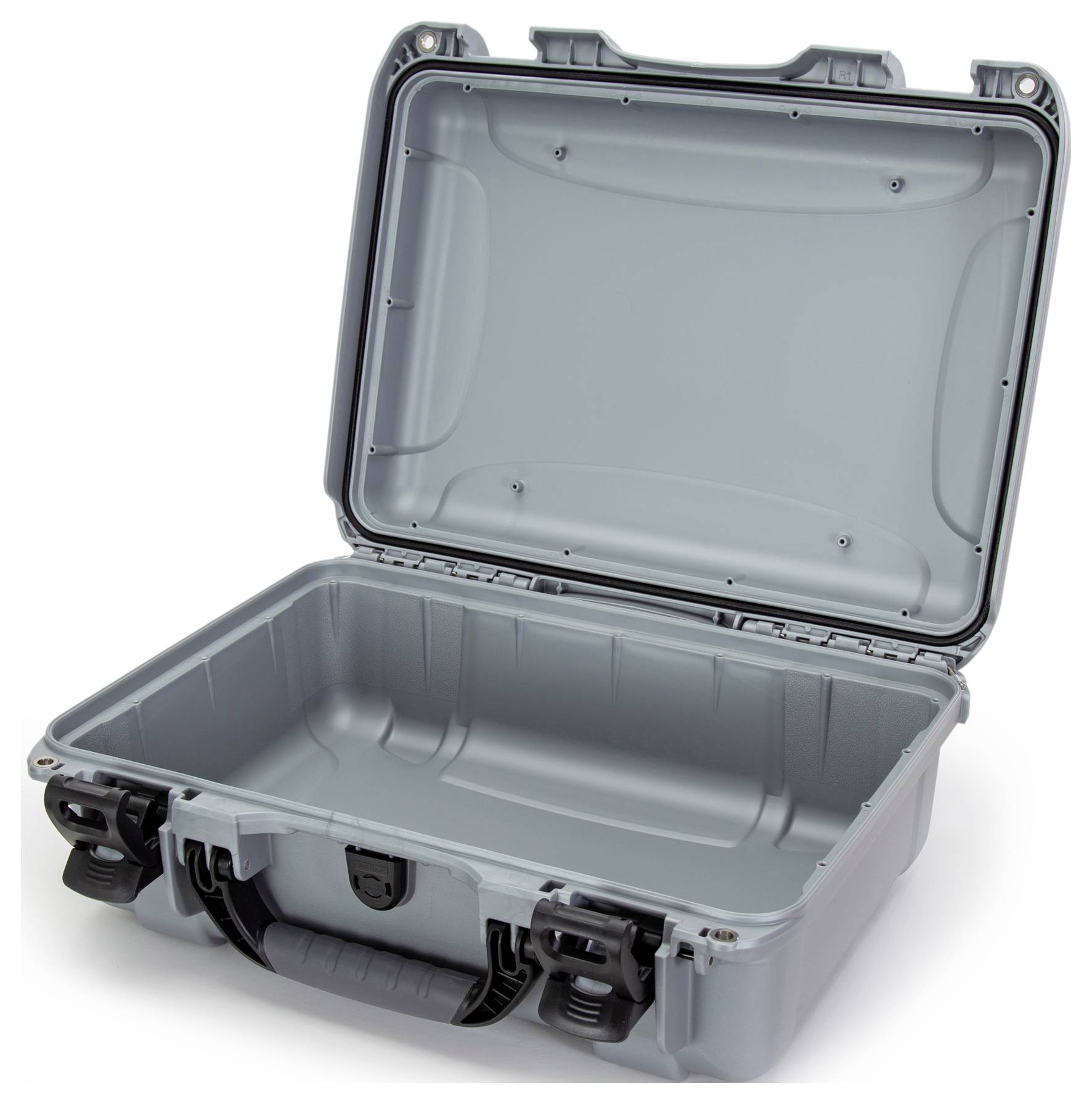 Grey, opened hard-shell case with robust design, suitable for safely transporting delicate items.