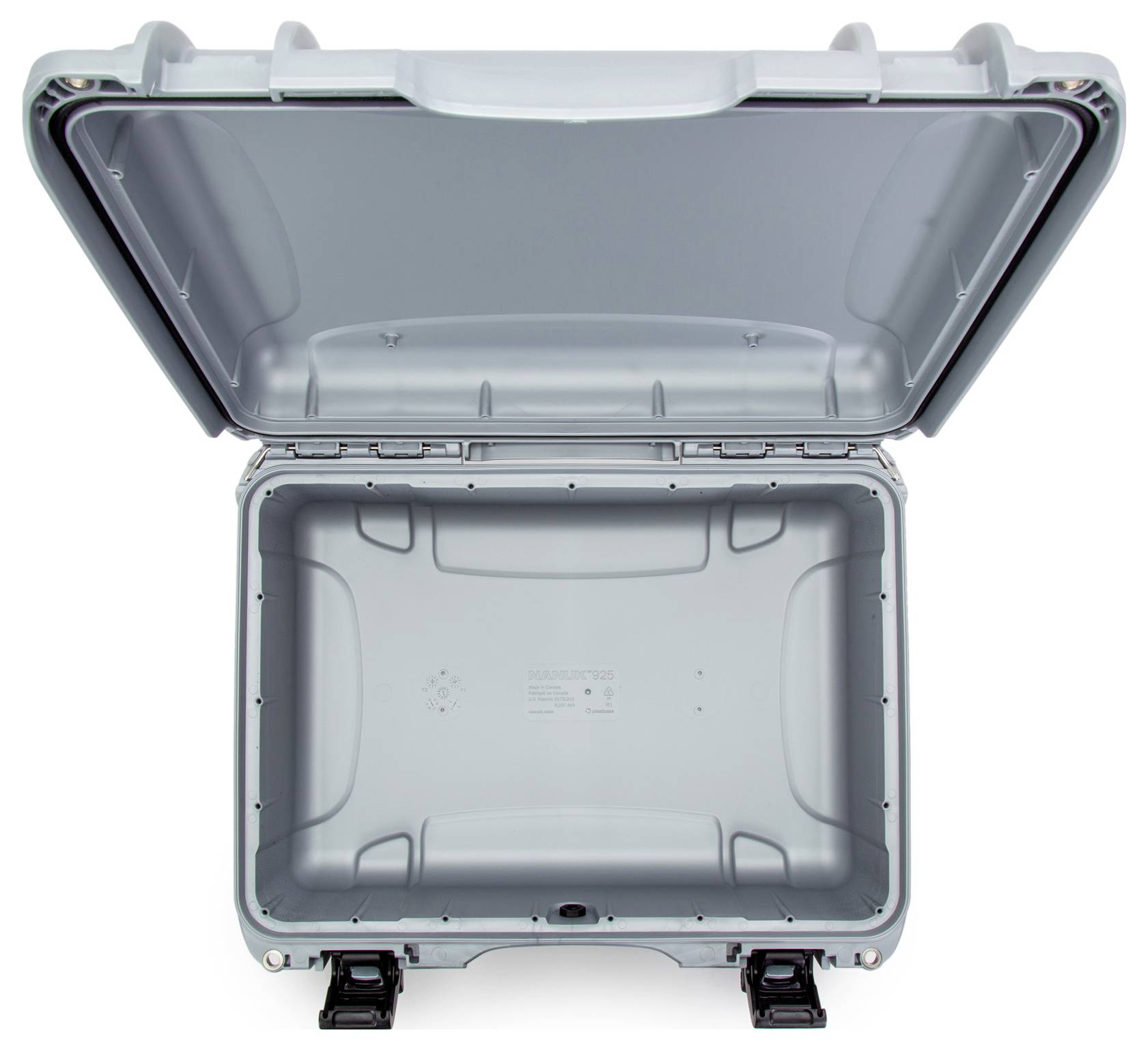 An open, empty hard-shell suitcase with grey interior lining and black fasteners, ready for storage.