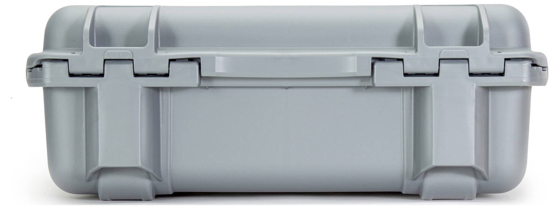 Grey, robust suitcase with handle and snap locks, suitable for the secure transportation of delicate items.