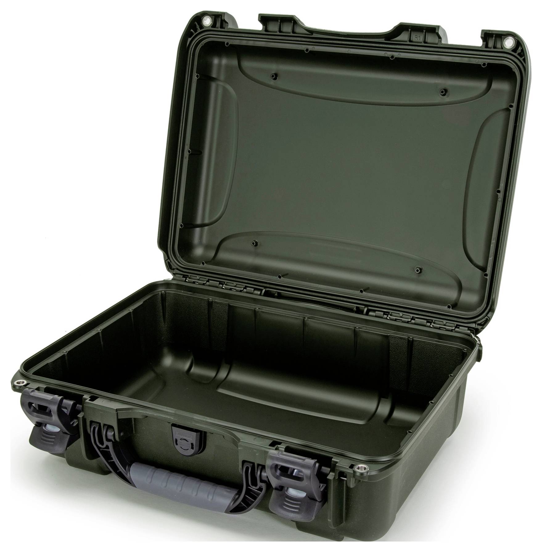 A black, open, empty plastic case with foam lining, suitable for the secure transportation of delicate equipment.