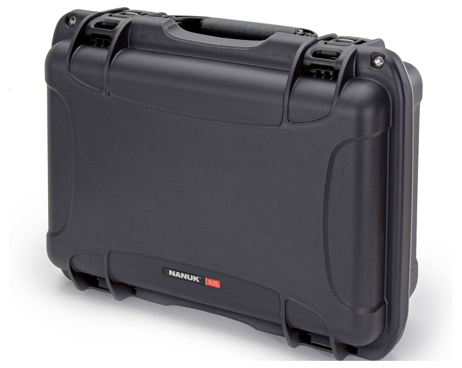 Black, robust protective case with handle and snap locks, suitable for the safe transportation of delicate equipment.
