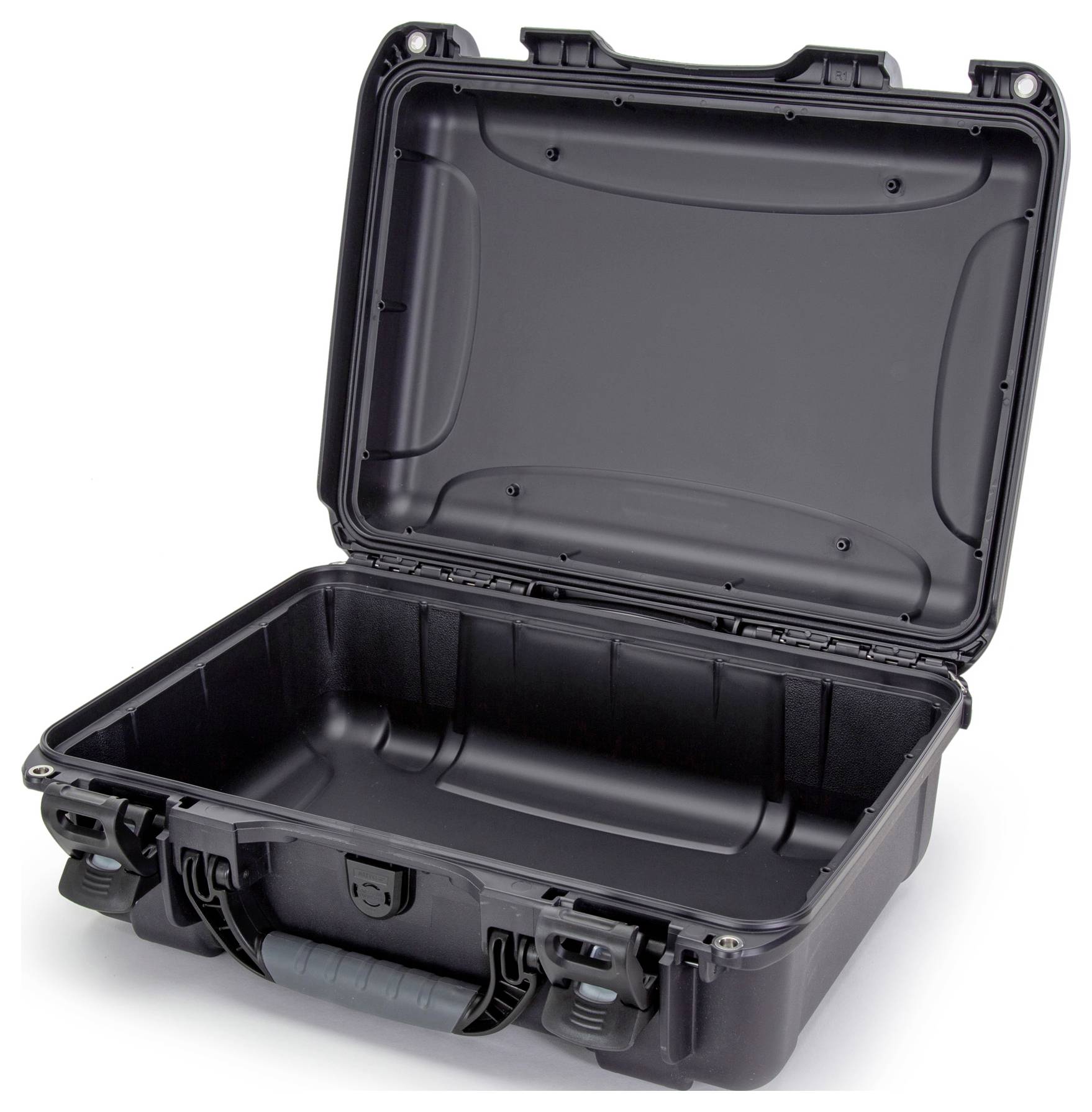 An open, empty black hard-shell suitcase, robust and rectangular, with two handles at the front. It is suitable for storing equipment.