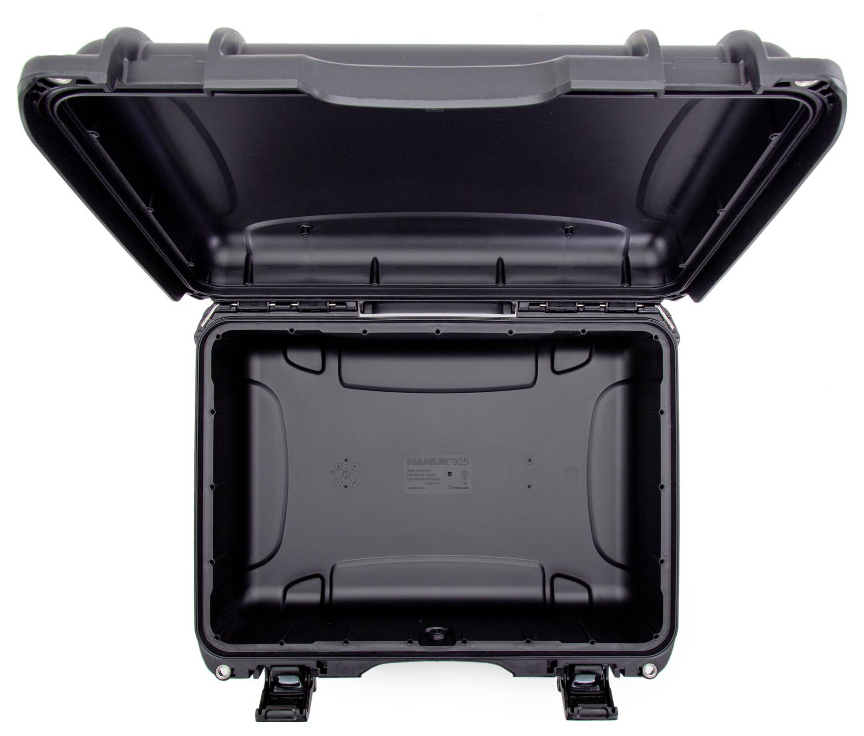 Black, open hard-shell suitcase viewed from above, interior empty, robustly constructed for secure transportation of items.