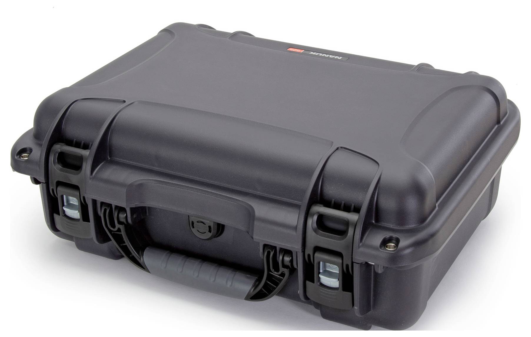 Black, robust suitcase with handle, suitable for protecting delicate equipment during transport.