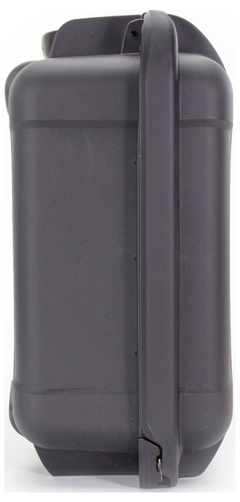 Black suitcase in portrait orientation with extended handle, side view.