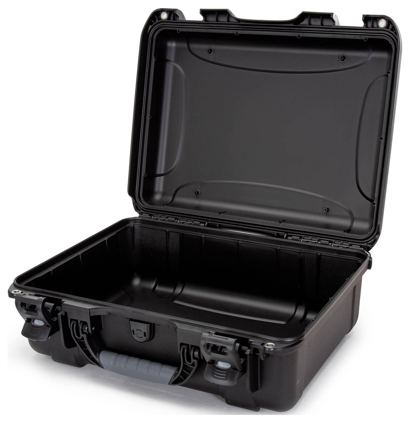 Black, open plastic case with robust design and shock-resistant edges, suitable for the secure transportation of equipment.