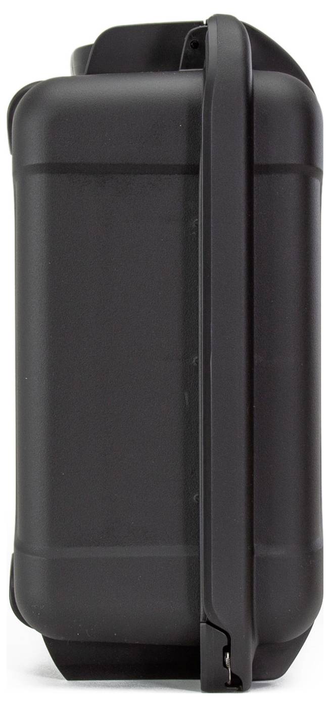 Black hard-shell suitcase viewed from the side, with carry handle at the top.