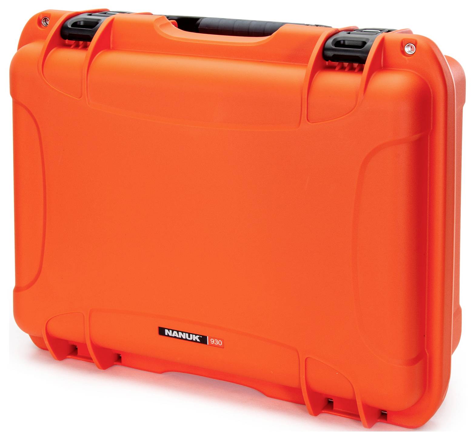 A bright orange hard-shell suitcase with a black handle, suitable for the secure transportation of delicate items.