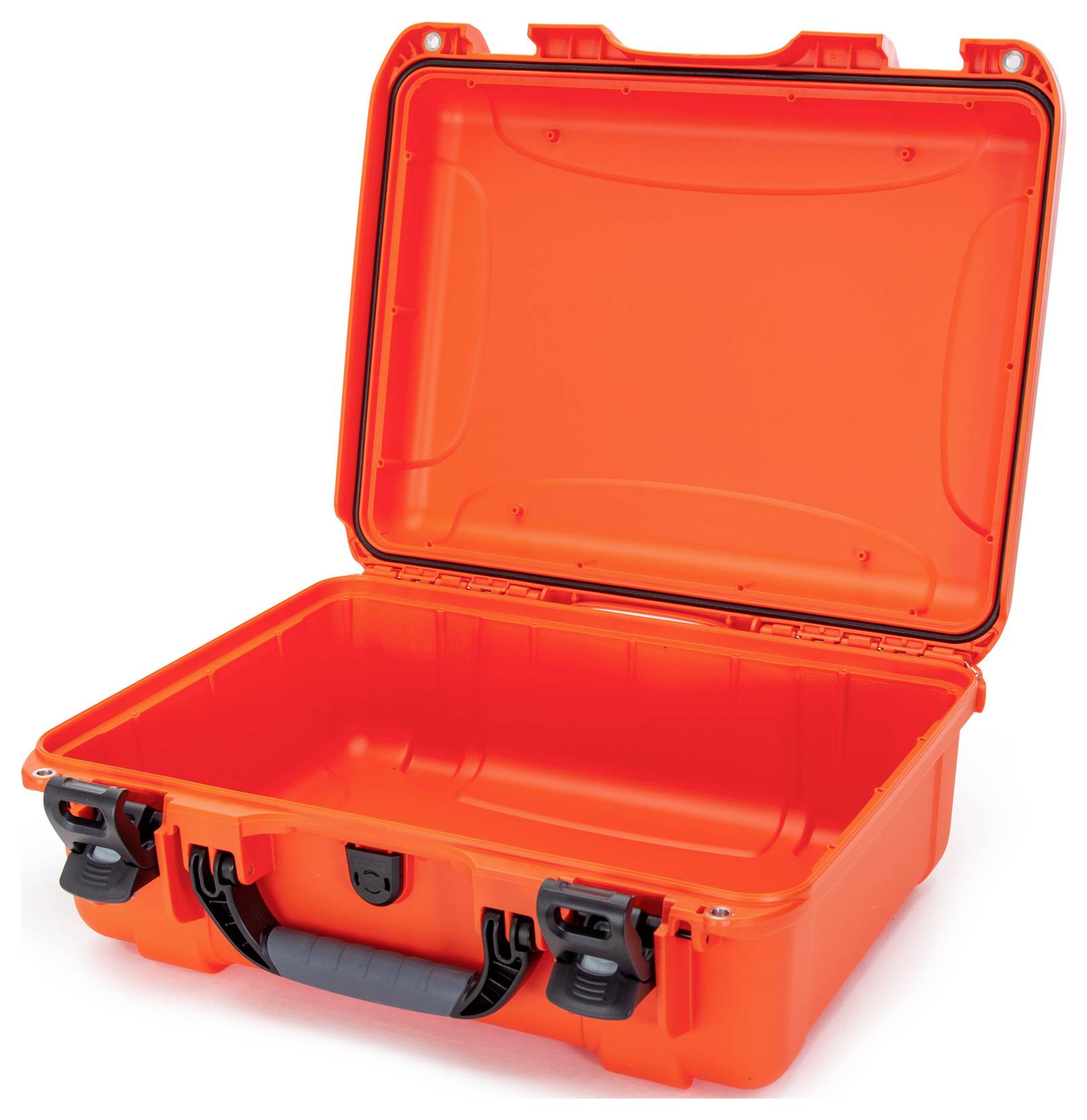 An open, empty, red protective case with a black handle and fastenings.
