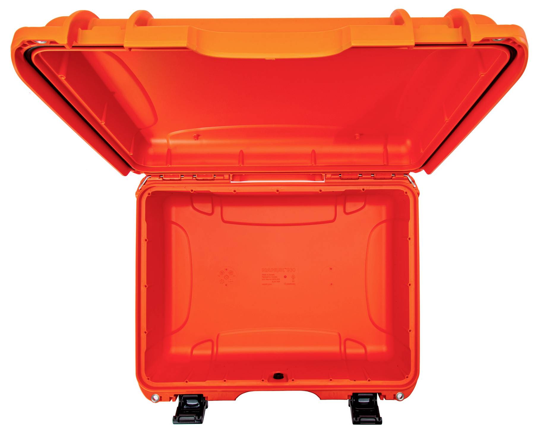 Empty, open, orange plastic suitcase on white background.