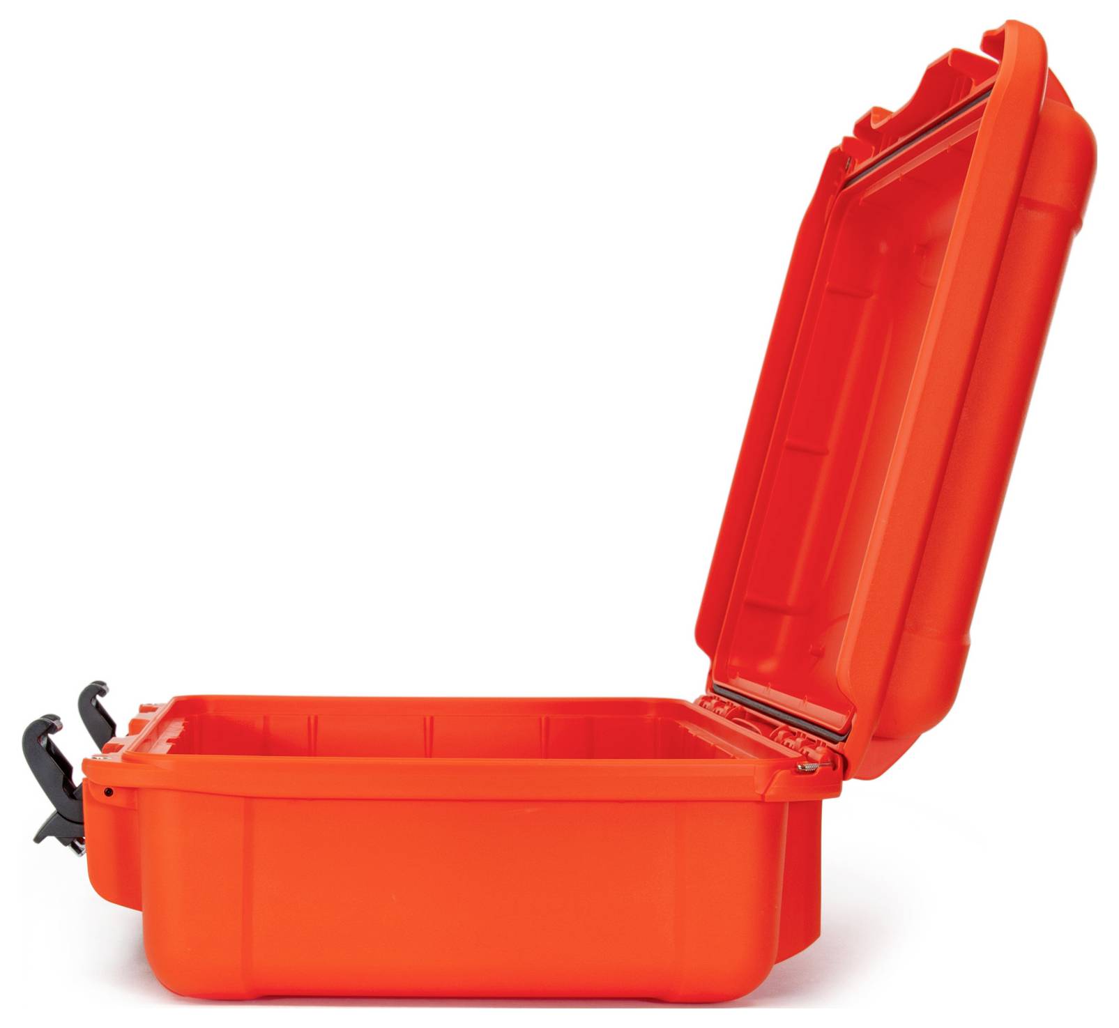 A conspicuous, open orange protective case with a black locking mechanism, ideal for secure transportation of delicate items.