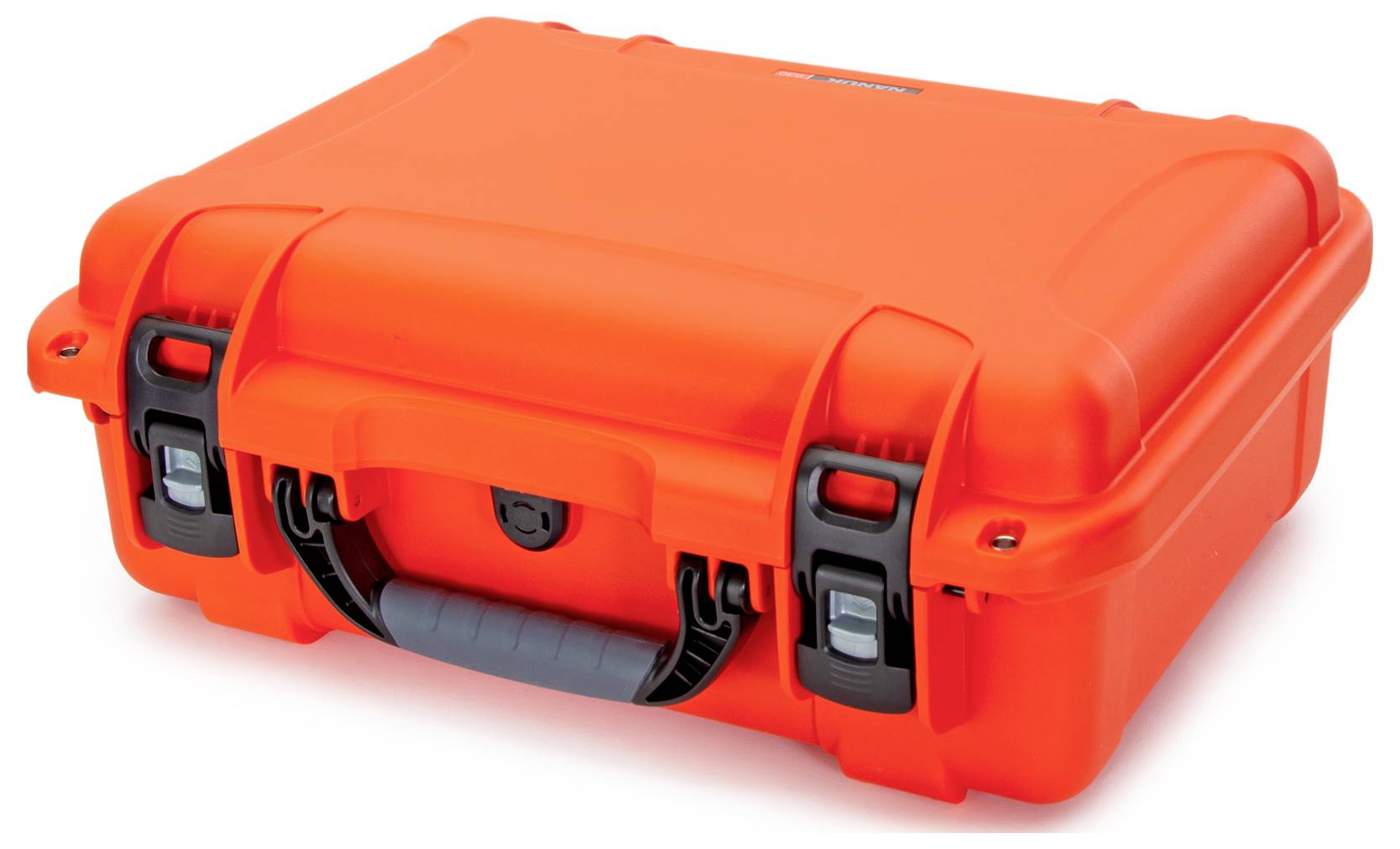 A bright orange, robust protective case with a black handle and two locks, perfect for safely transporting delicate items.
