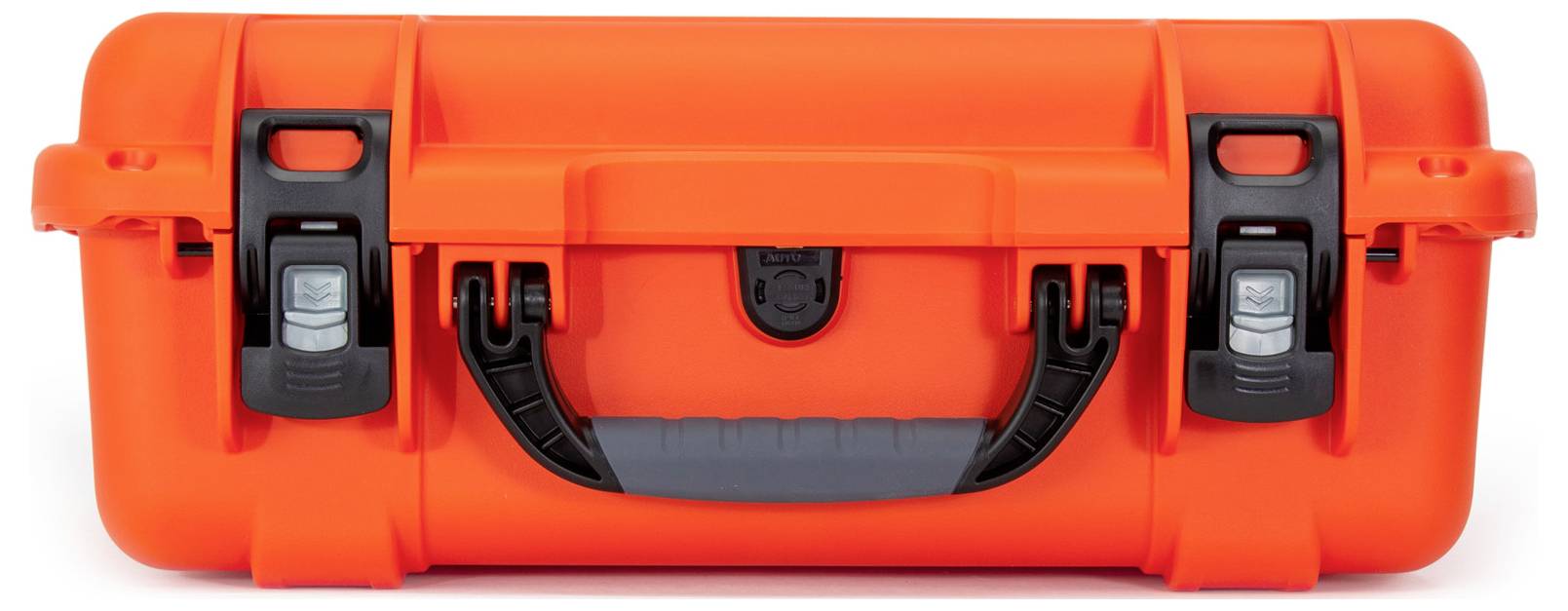 Orange protective case with two black locks and a carrying handle, suitable for the safe transportation of delicate items.