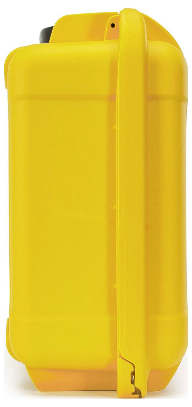 A large, yellow plastic jerry can with a carrying handle, side view. Suitable for liquid storage or transportation.
