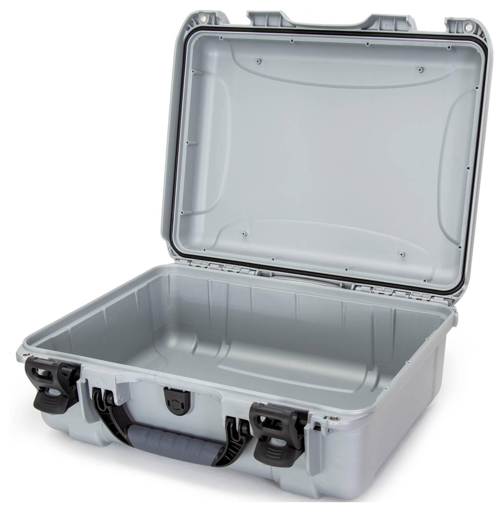 An open, grey hard-shell suitcase with robust locks, ready to be packed. Ideal for securely transporting equipment.