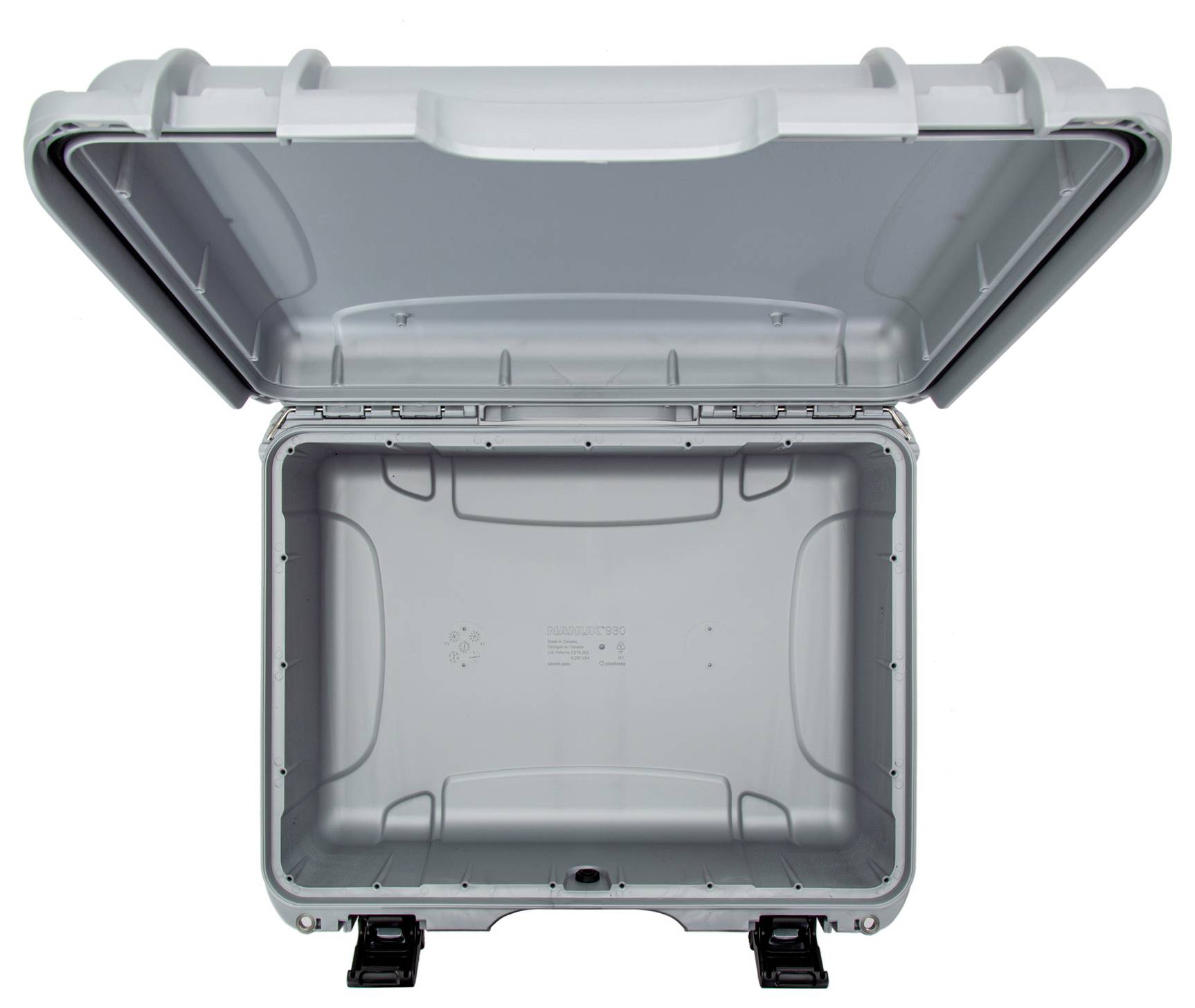 An empty, grey suitcase with an open lid, suitable for the safe transportation of delicate items.