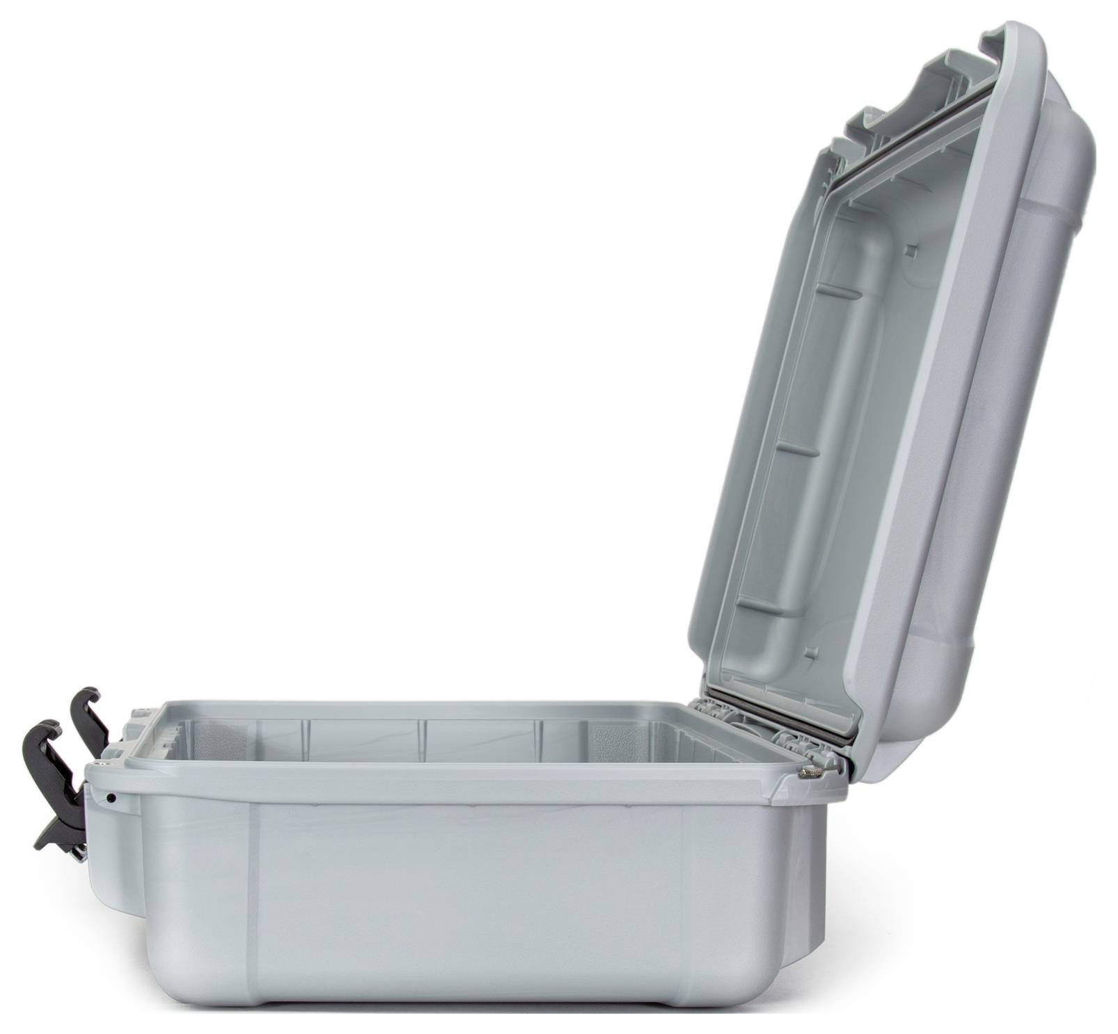 An open grey plastic case with a lockable lever handle, revealing a spacious, robust interior.