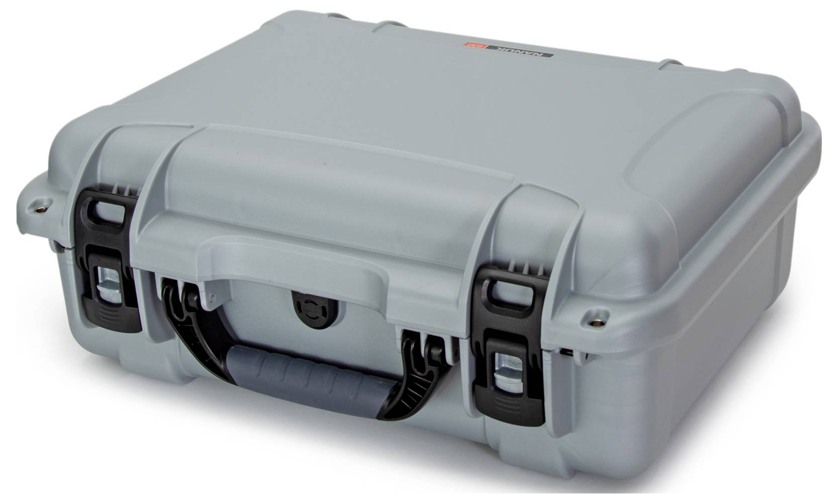 Grey, robust transport case with black handle and snap locks, suitable for safely transporting delicate items.