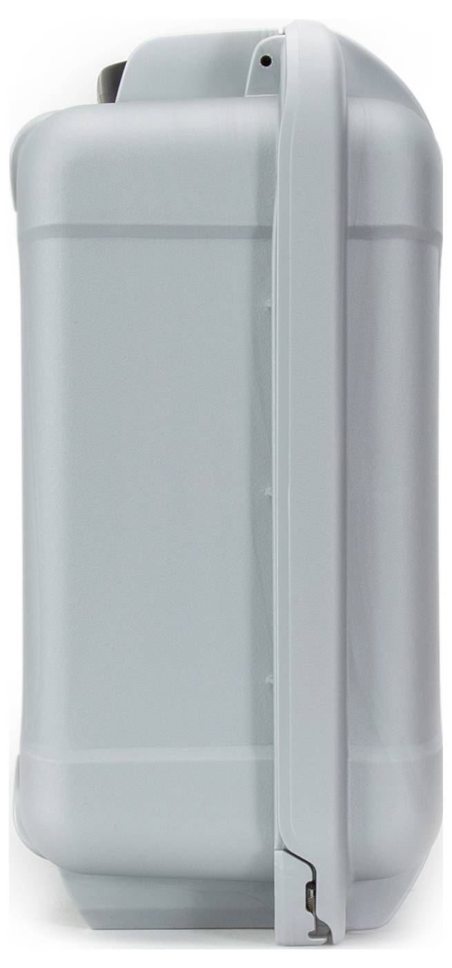 A grey, upright hard-shell suitcase with an integrated handle, photographed from the side.