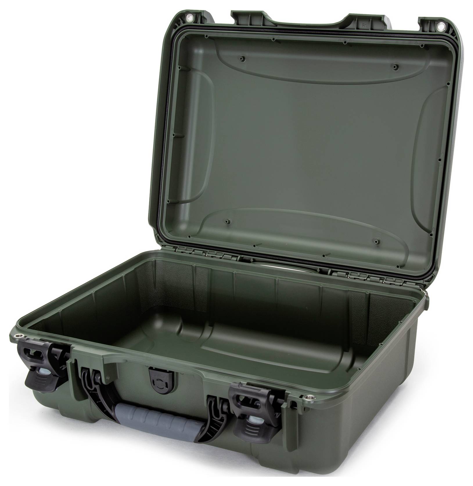 An open, empty, robust transport case in olive green plastic, suitable for the safe transportation of delicate items.
