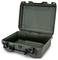 An open, empty, robust transport case in olive green plastic, suitable for the safe transportation of delicate items.