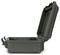 An open, empty, robust, grey toolbox with a side fastening, suitable for the secure transportation of delicate items.