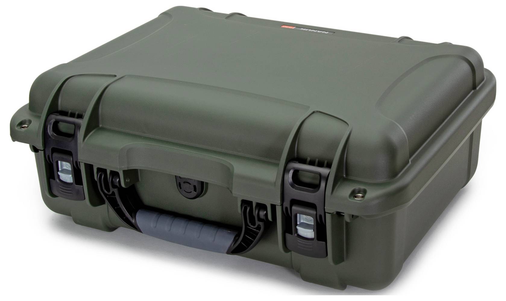 A robust, dark green hard-shell suitcase with handle, designed to protect delicate equipment during transportation.