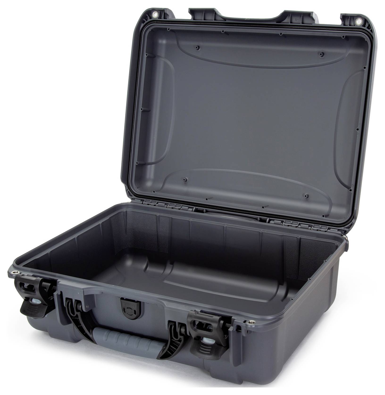 An opened, empty black hard-shell suitcase with a sturdy handle and lockable closures, suitable for secure transportation.