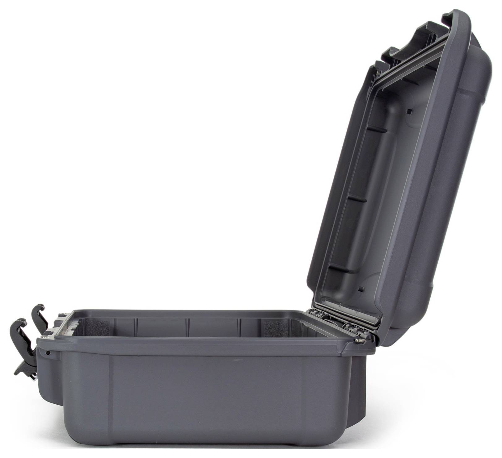 An opened, empty, robust black suitcase with hinges and locks, suitable for the secure transportation of delicate items.