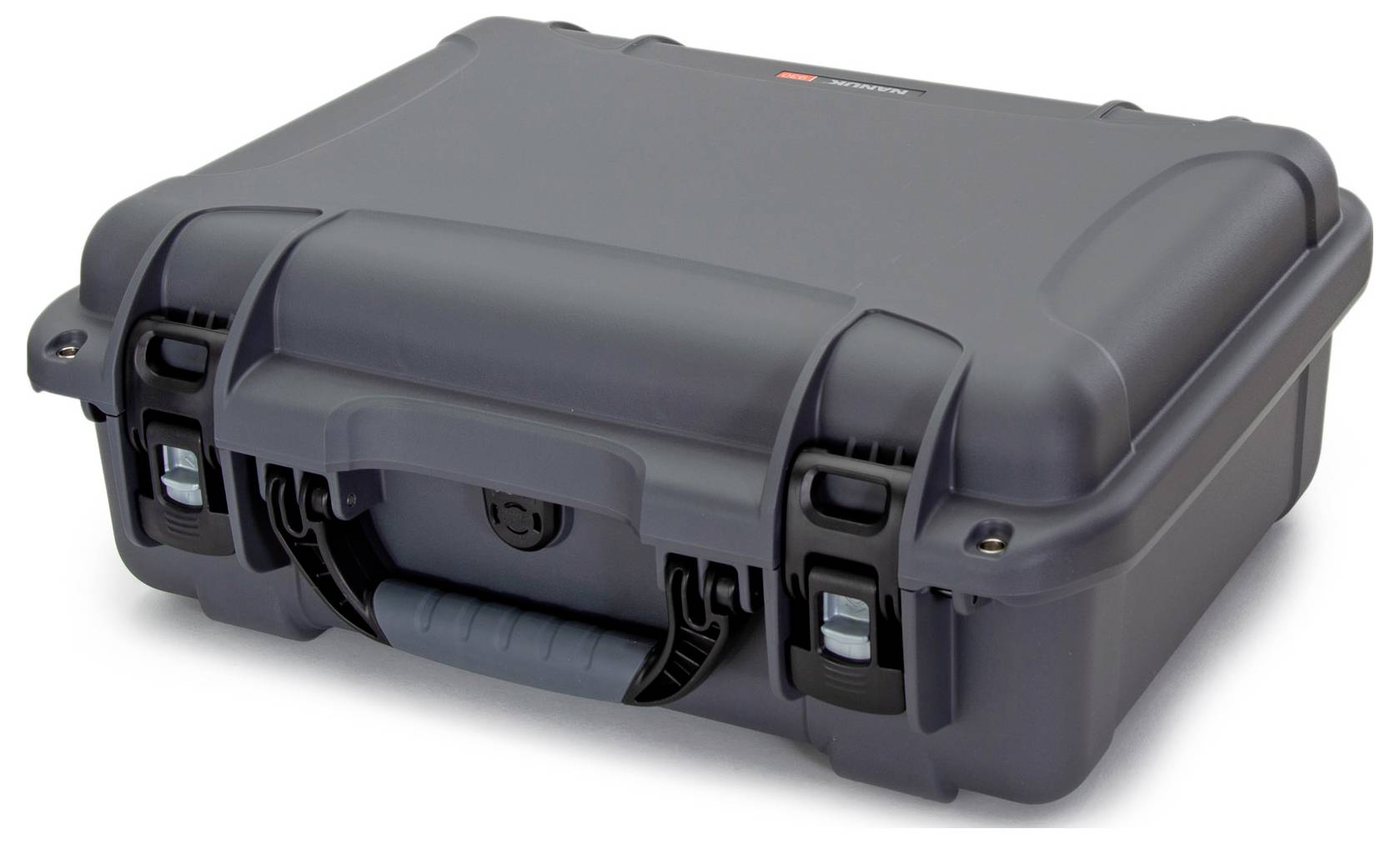 A closed, grey, sturdy suitcase with two snap locks and a handle on the front.