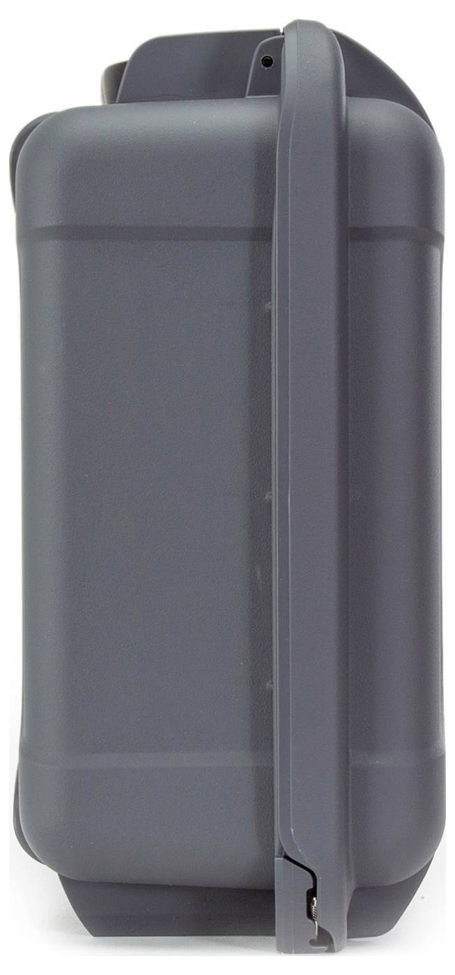 A dark grey, robust plastic box, standing vertically, with a handle on its side.