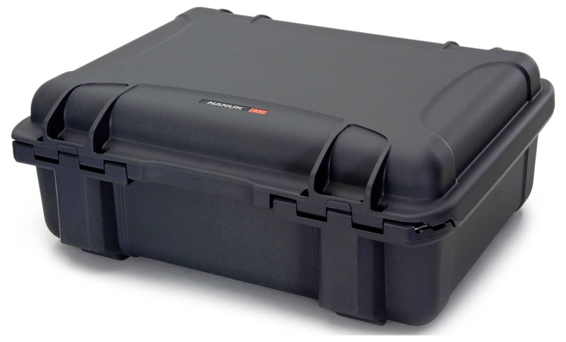 Black, robust protective case with sturdy locks, suitable for the secure transportation of delicate equipment or items.