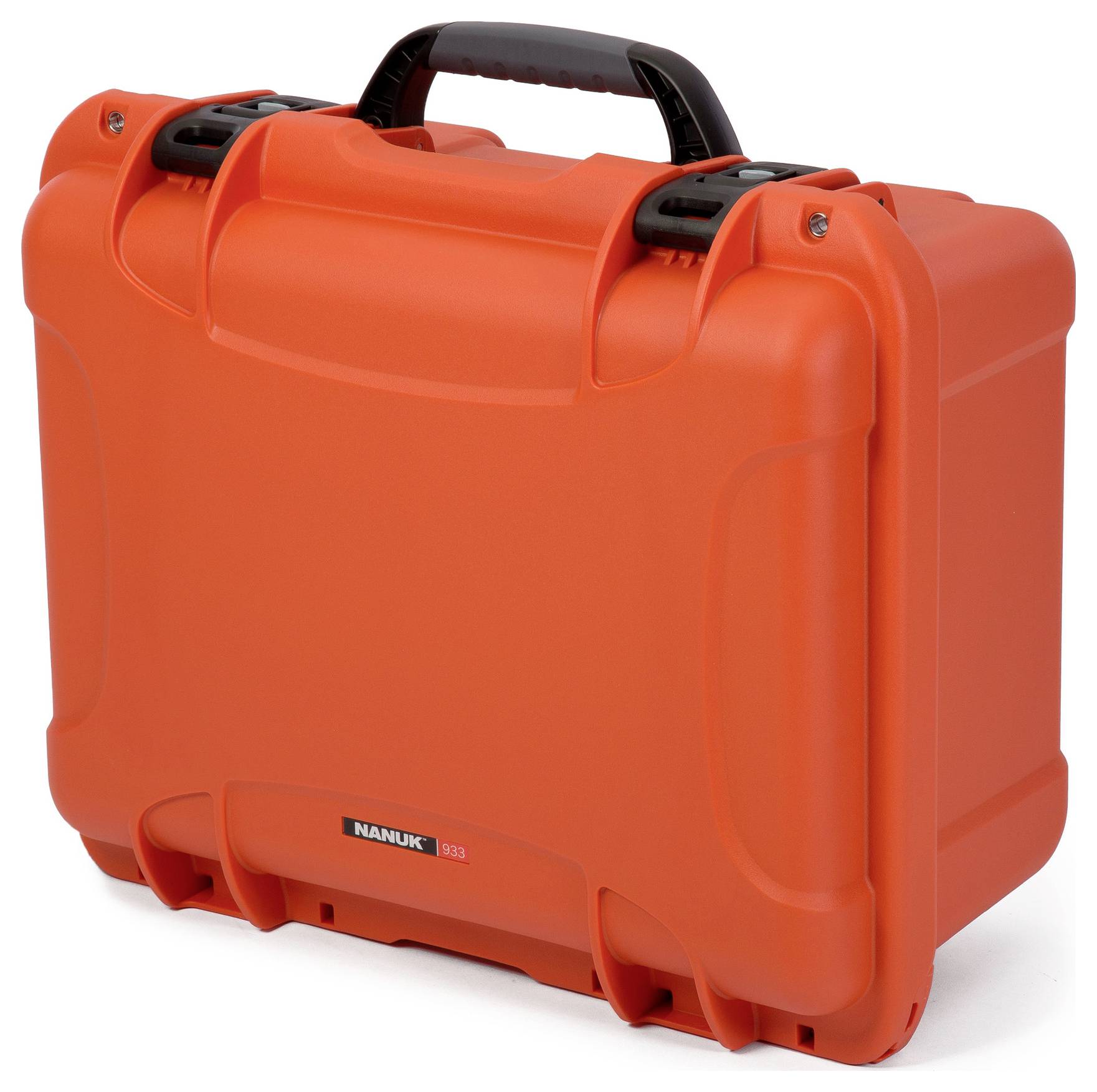 A robust, orange suitcase with a black handle, suitable for the secure transportation of delicate items.