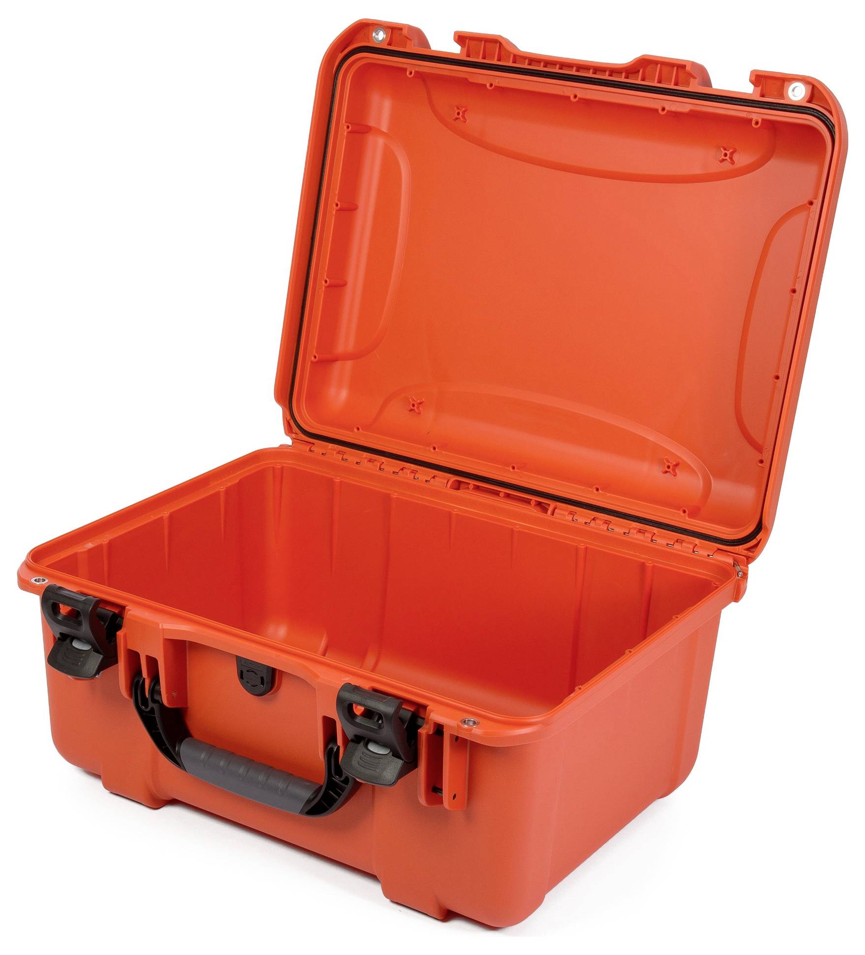 An open, bright orange hard-shell suitcase with a black handle and locks, suitable for secure storage and transportation.