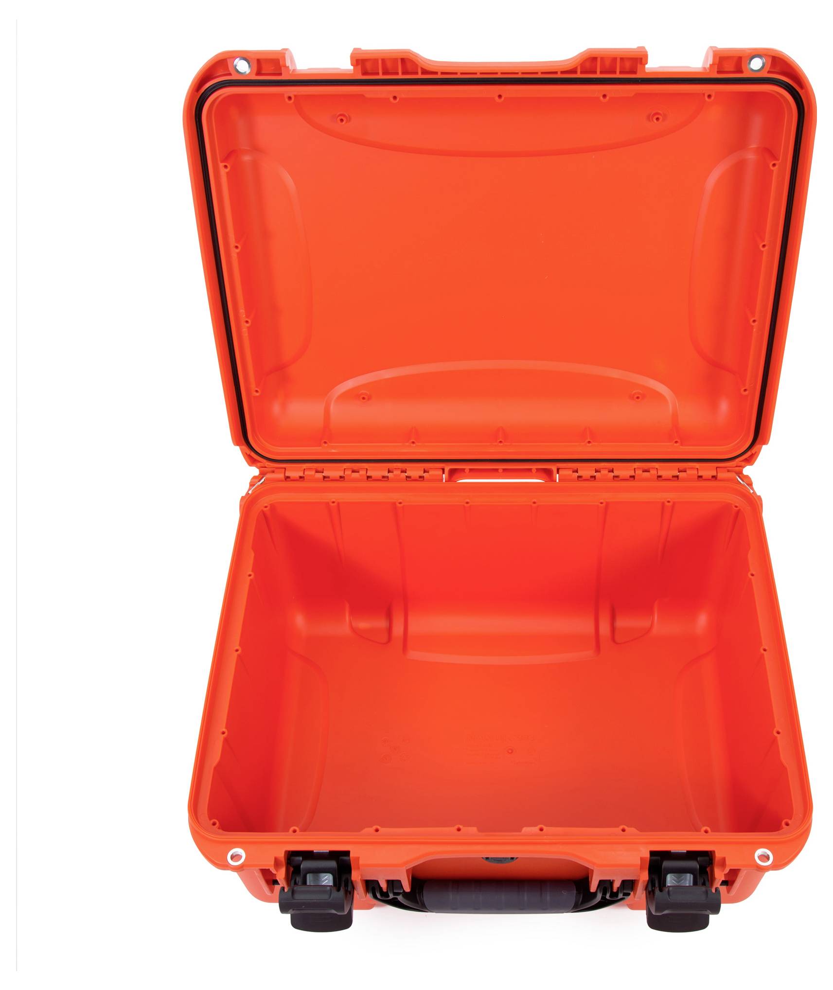 Empty, open, orange suitcase with a black handle, ready to be packed.