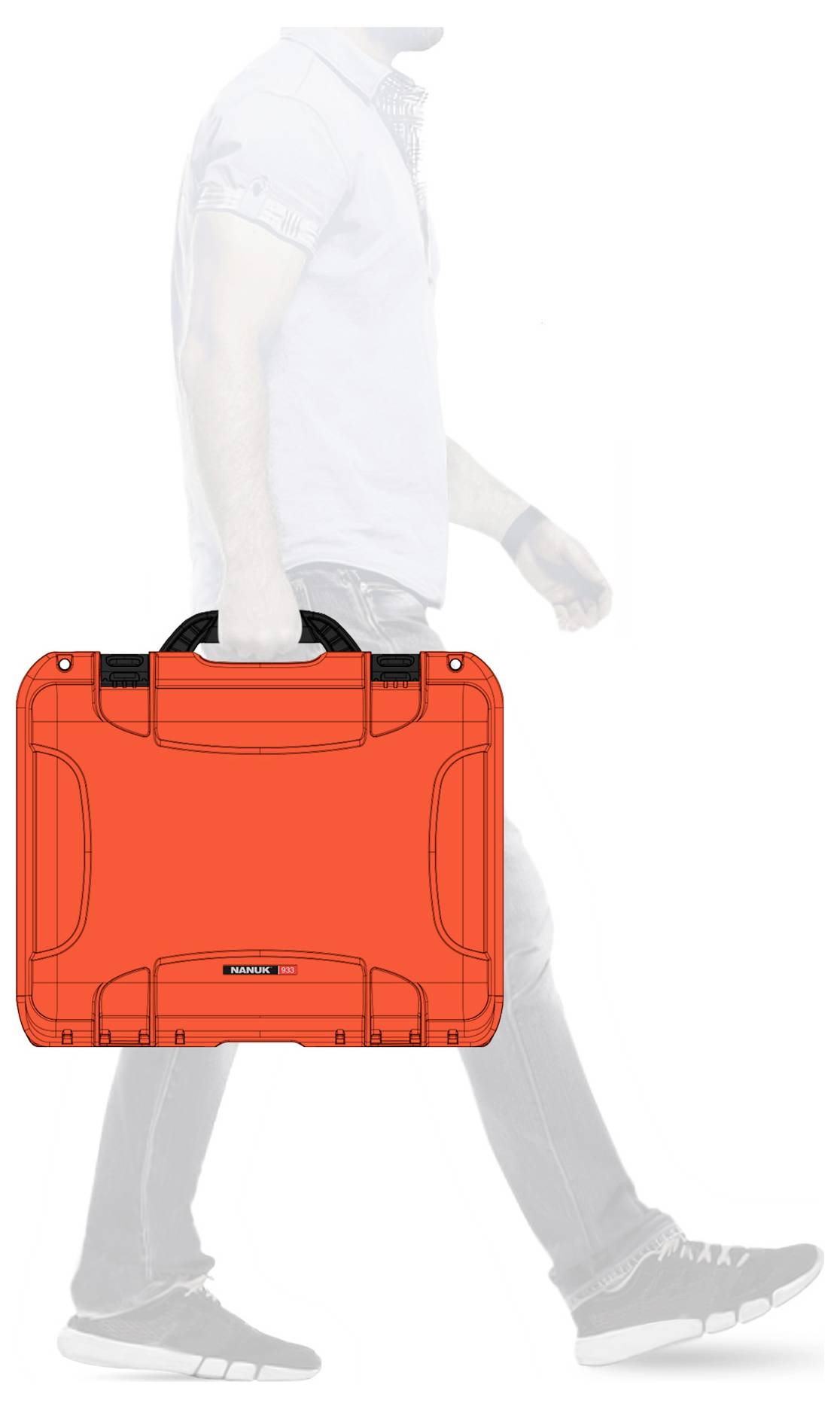A man is carrying a bright orange suitcase. The suitcase has black handles and is striking in its colour and shape.