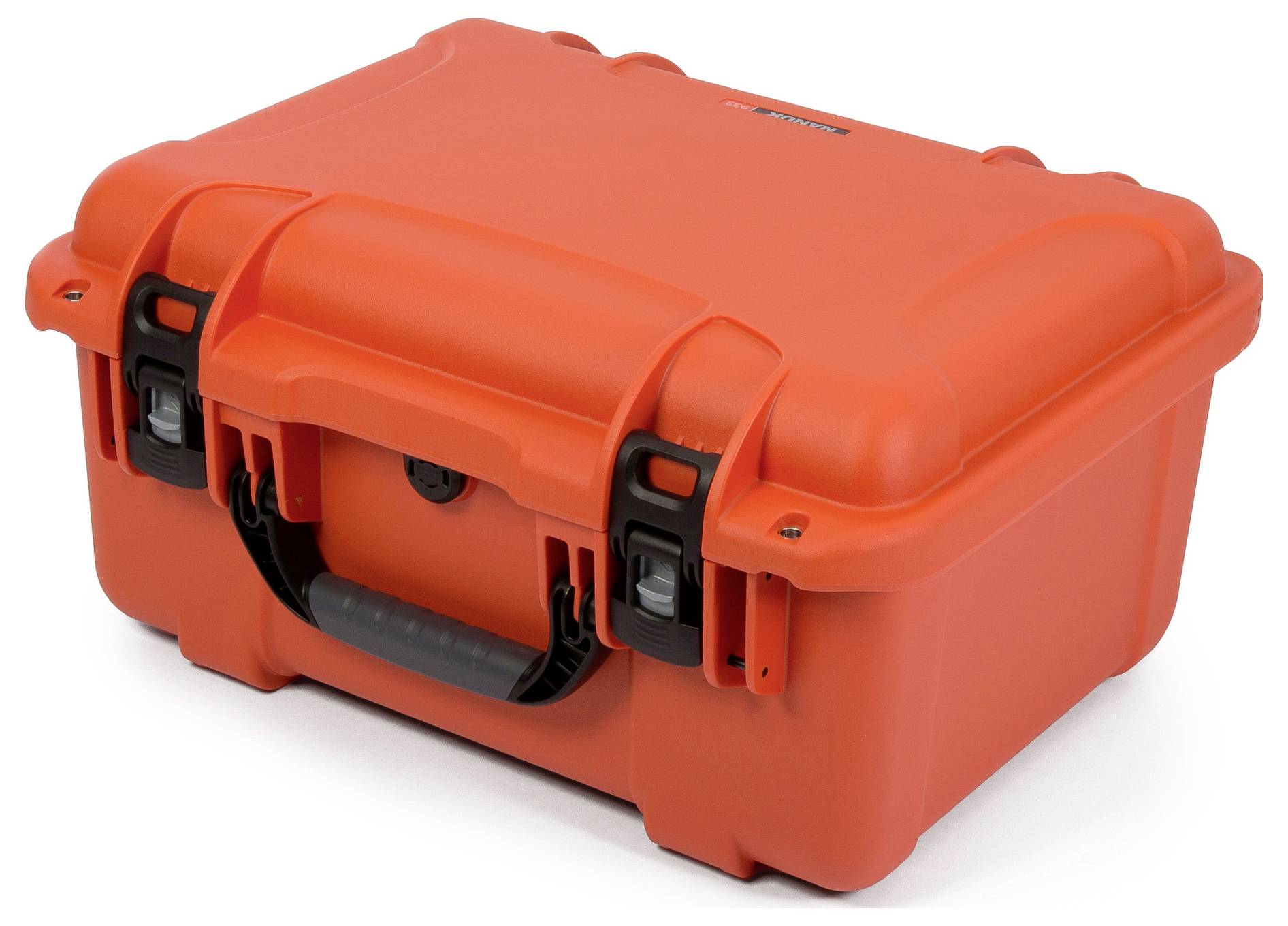 A robust, orange protective case with black latches and handle. Suitable for the secure transportation of delicate equipment.