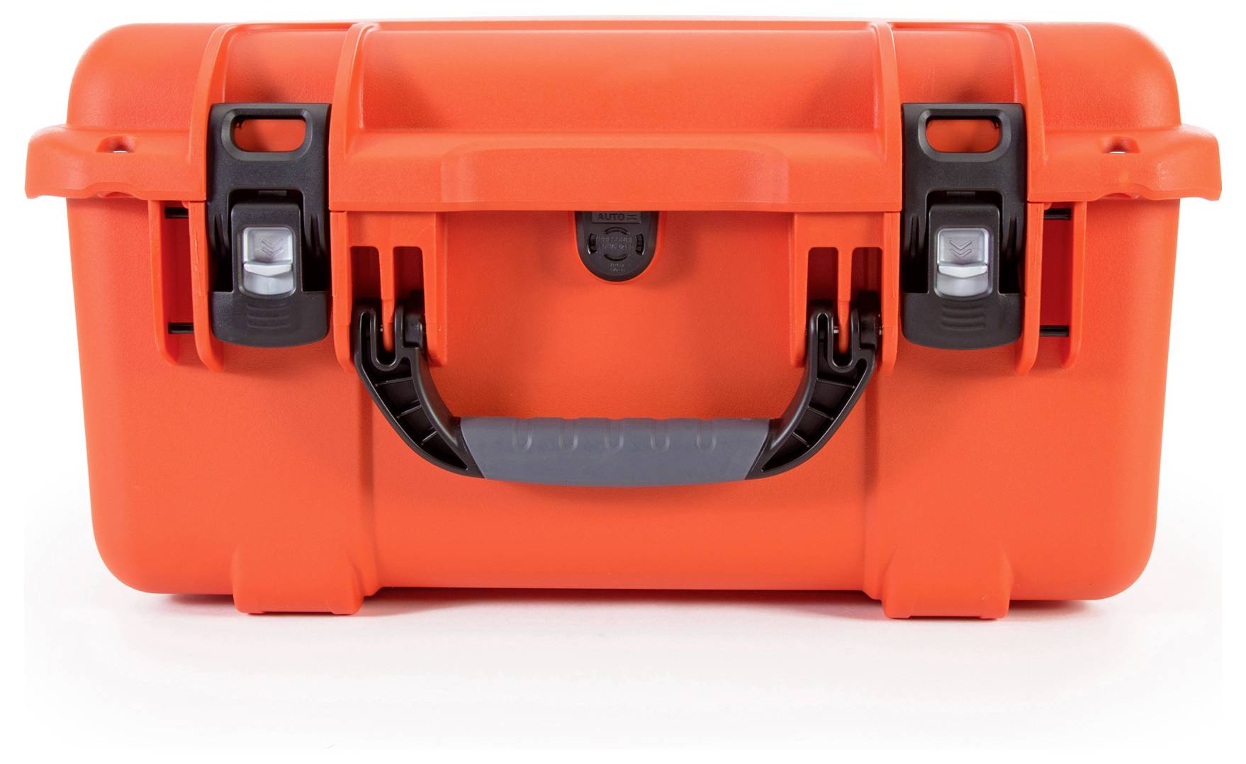 Orange protective case with a black handle and two locks. The case is made of robust material and is suitable for secure transportation.