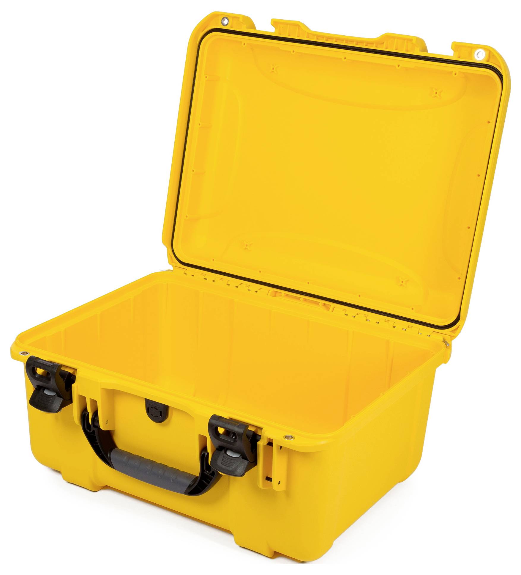 Yellow, open protective plastic case, empty, with robust lock and carrying handle. Ideal for safely transporting delicate items.