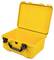 Yellow, open protective plastic case, empty, with robust lock and carrying handle. Ideal for safely transporting delicate items.