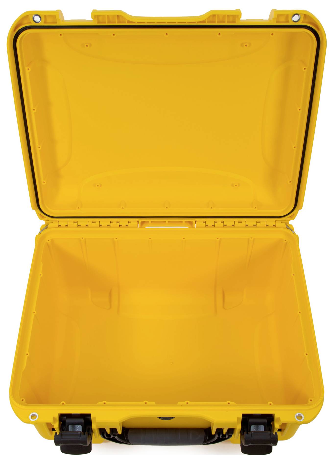 Open, yellow suitcase with robust design, no visible items inside. Ideal for secure transport or storage.