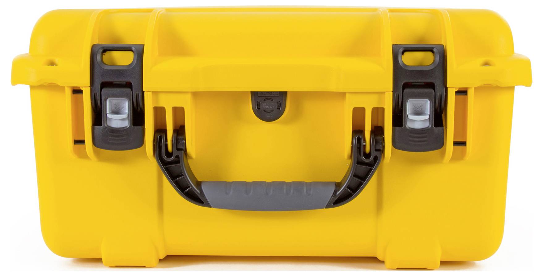 Yellow, robust plastic case with black handle and two latches, suitable for transporting and protecting delicate items.