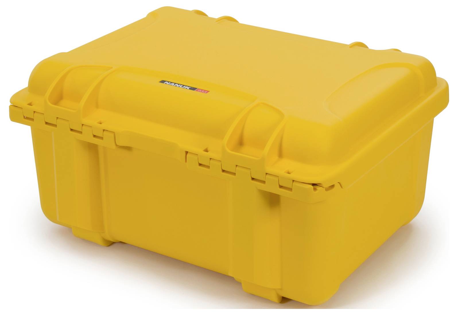 Yellow protective case with robust design and secure closure system, suitable for transportation and protection of delicate items.