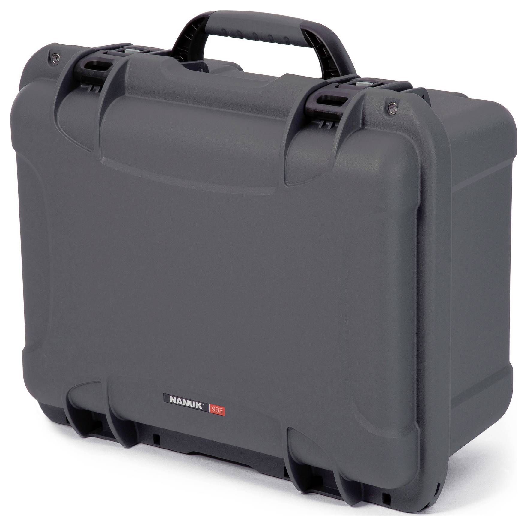 A grey, robust suitcase with a black handle and locks. Suitable for the secure transportation of delicate items.