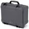 A grey, robust suitcase with a black handle and locks. Suitable for the secure transportation of delicate items.