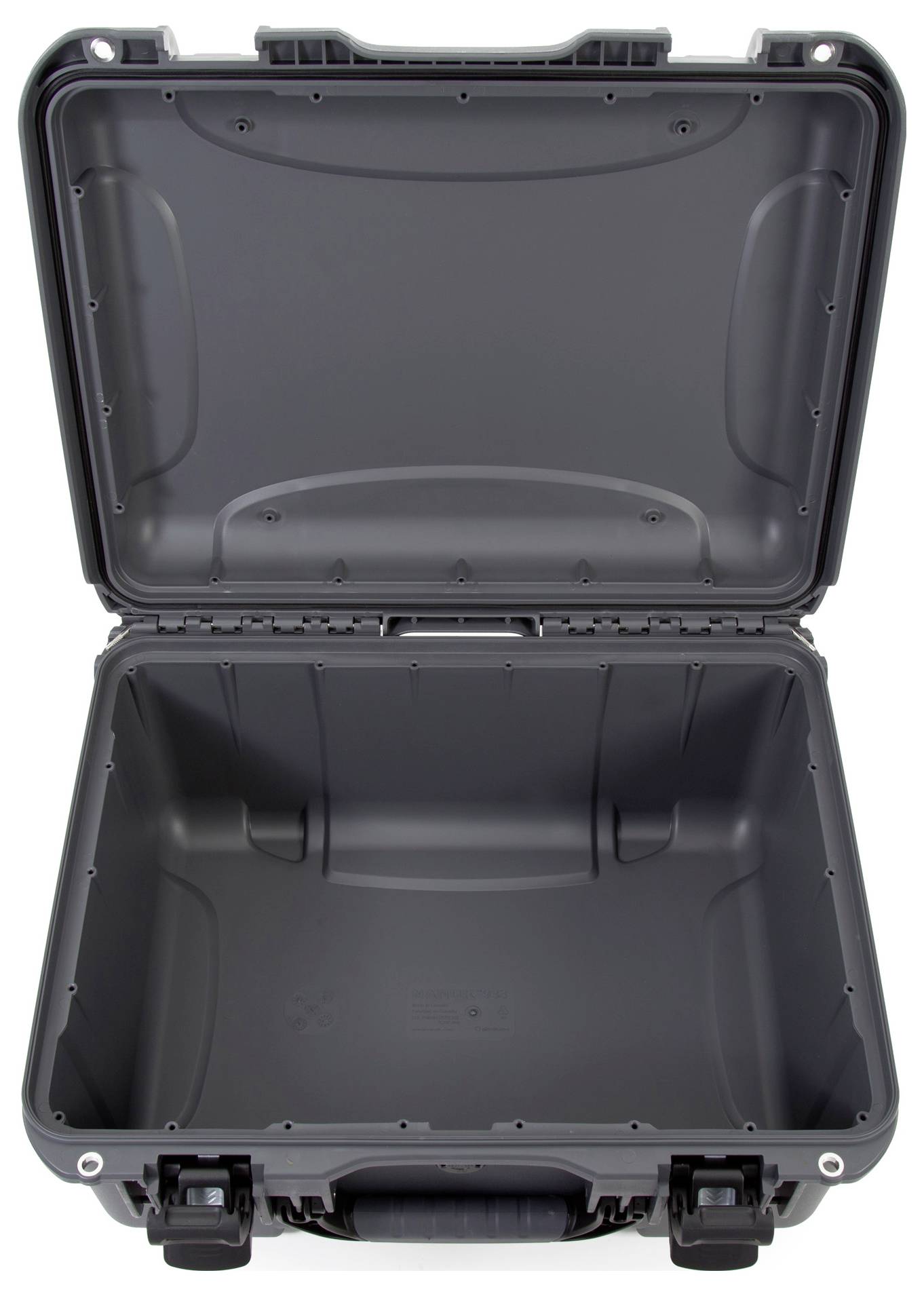 An opened, black, empty hard-shell suitcase viewed from above. The interior is spacious and well-padded for secure transportation.