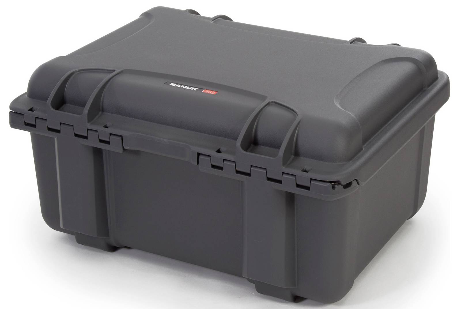 Black, robust transport box with reinforced corners, suitable for the secure transportation of delicate items.