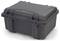 Black, robust transport box with reinforced corners, suitable for the secure transportation of delicate items.